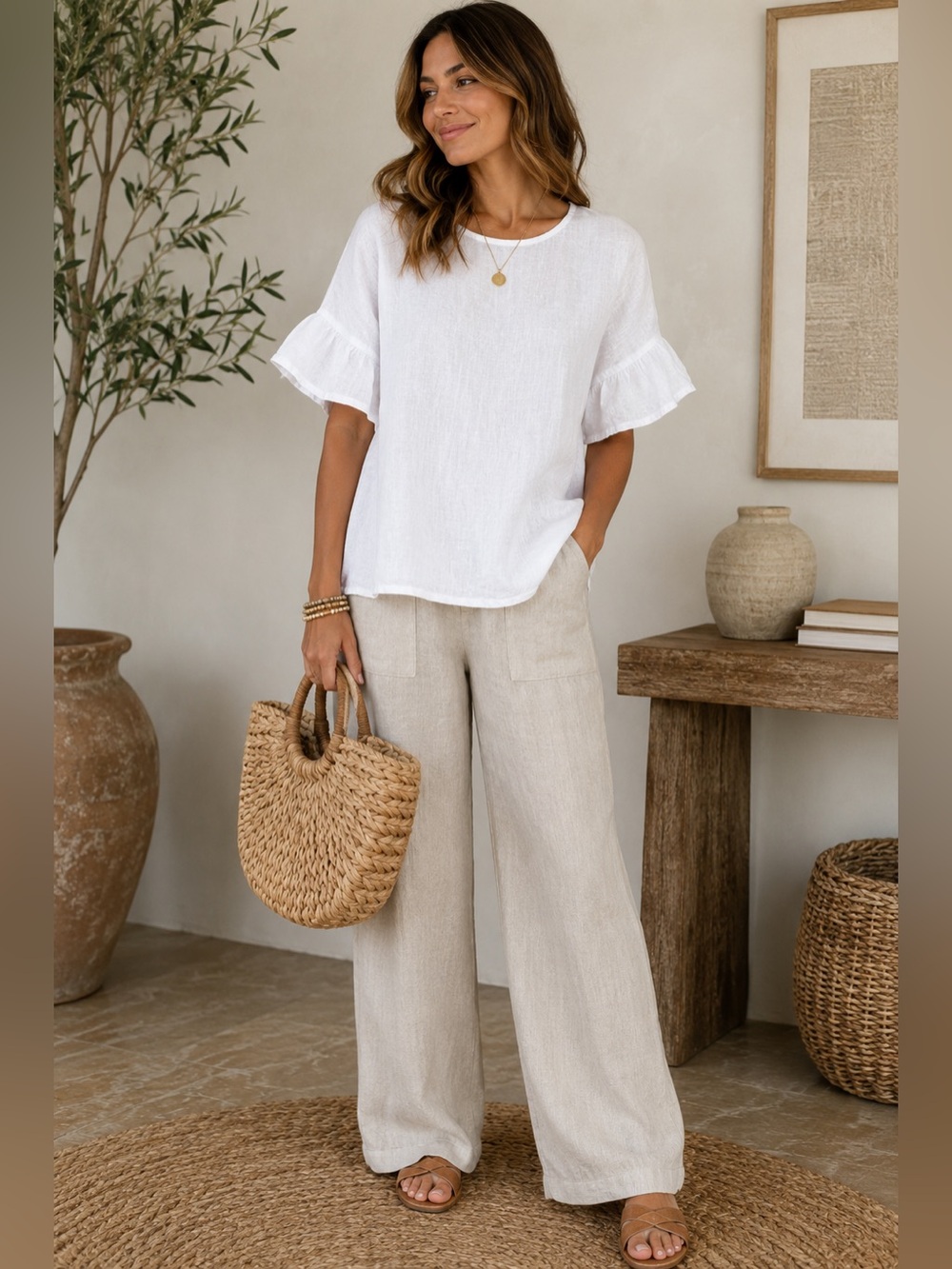 Viola Borghi White Linen Ruffle Sleeve Top Made in Italy Size S